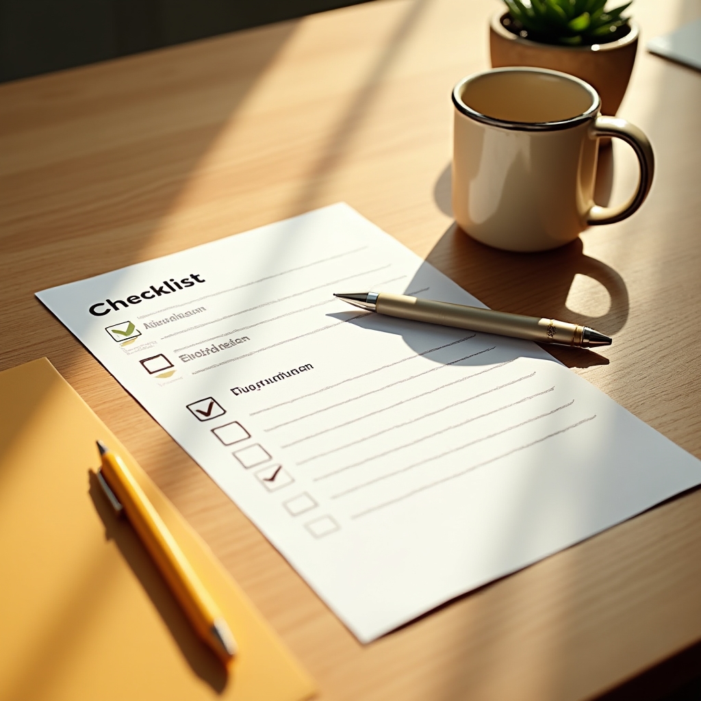 Printed YouTube SEO checklist on a wooden desk beside a coffee cup and pen, warm morning light, organized workspace